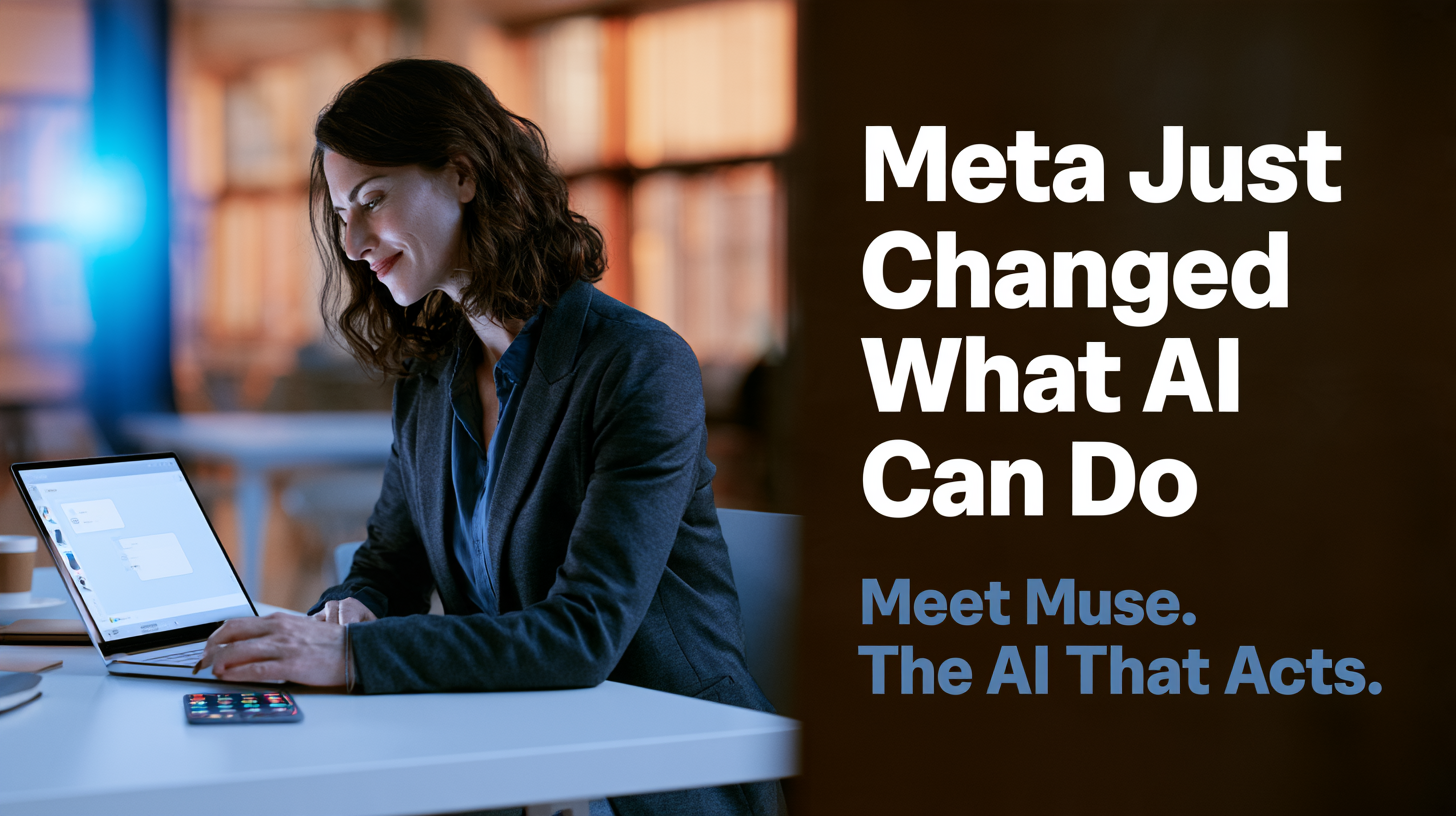 Editorial-style photograph of a professional woman with dark curly hair wearing a gray blazer, seated at a white desk working on a laptop in a warmly lit office environment. Bold white text on a dark brown background reads "Meta Just Changed What AI Can Do." Below in blue text: "Meet Muse. The AI That Acts.