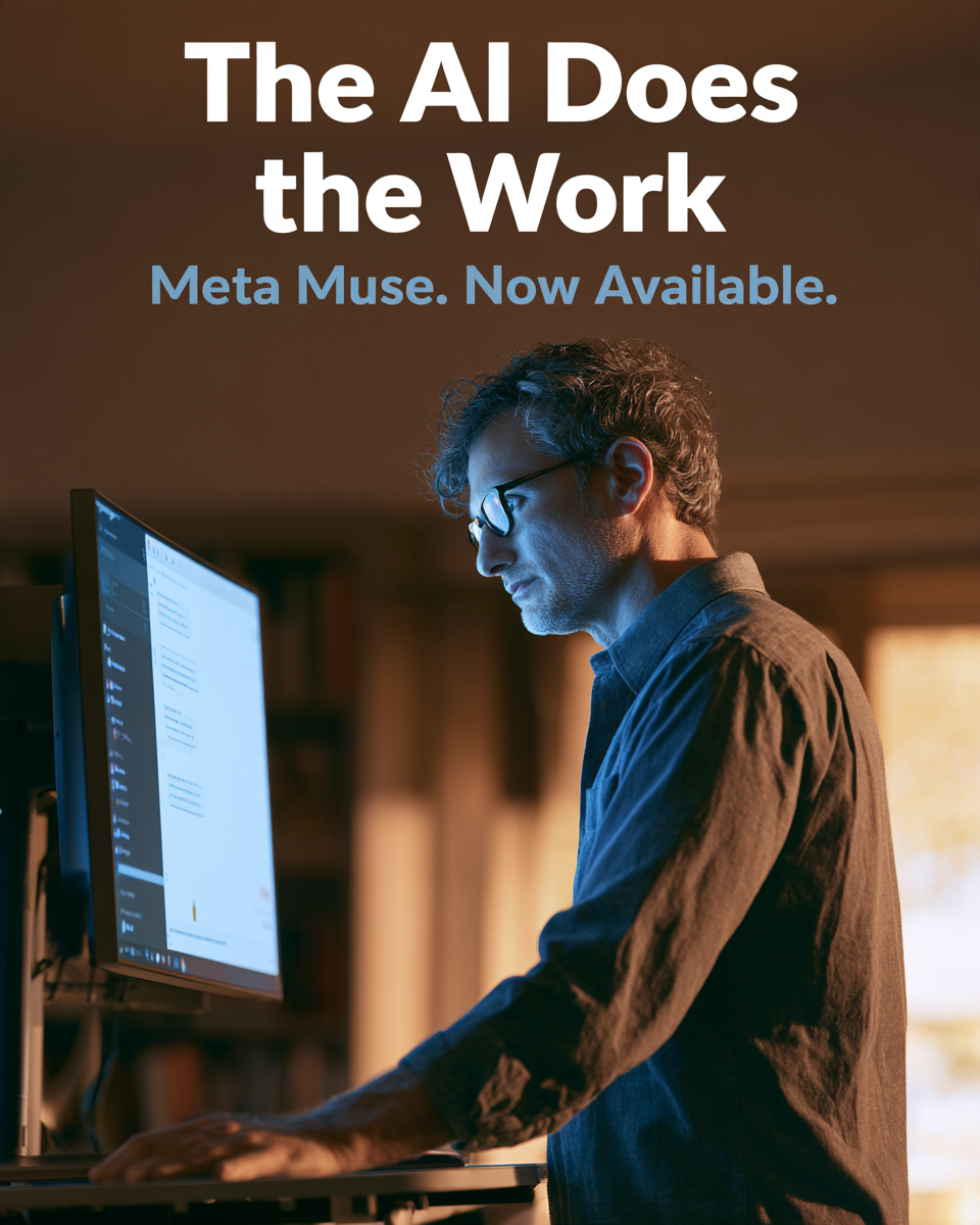 Editorial-style photograph of a professional man with curly hair and glasses wearing a dark blue linen shirt, standing at a desk and focused on a large computer monitor in a dimly lit, warm office setting. Bold white text at the top reads "The AI Does the Work." Below in light blue text: "Meta Muse. Now Available.