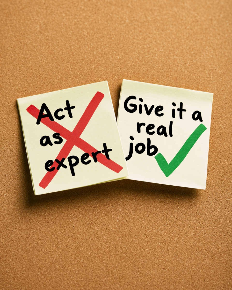 Two sticky notes on a corkboard. The left reads "Act as an expert" with a red X. The right reads "Give it a real job" with a green checkmark, illustrating the difference between weak and effective Artificial Intelligence (AI) prompts. Two sticky notes on a corkboard. The left reads "Act as an expert" with a red X. The right reads "Give it a real job" with a green checkmark, illustrating the difference between weak and effective Artificial Intelligence (AI) prompts.