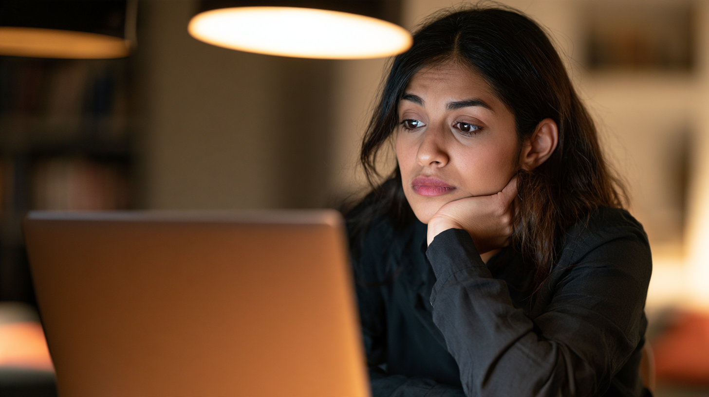 A small business owner sits at a wooden desk with an open laptop, expression skeptical, chin resting on one hand. Warm office lighting and a blurred bookshelf in the background. Editorial photo illustrating how to write better Artificial Intelligence (AI) prompts. A small business owner sits at a wooden desk with an open laptop, expression skeptical, chin resting on one hand. Warm office lighting and a blurred bookshelf in the background. Editorial photo illustrating how to write better Artificial Intelligence (AI) prompts.