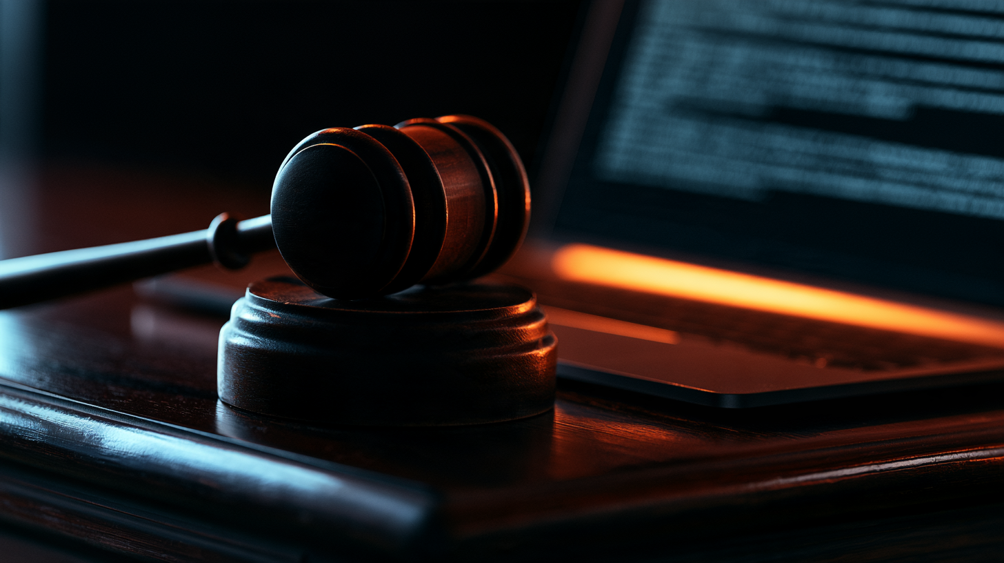 A wooden judge's gavel rests beside a glowing laptop on a dark polished desk, lit by a single warm amber light source against a near-black background. A wooden judge's gavel rests beside a glowing laptop on a dark polished desk, lit by a single warm amber light source against a near-black background.