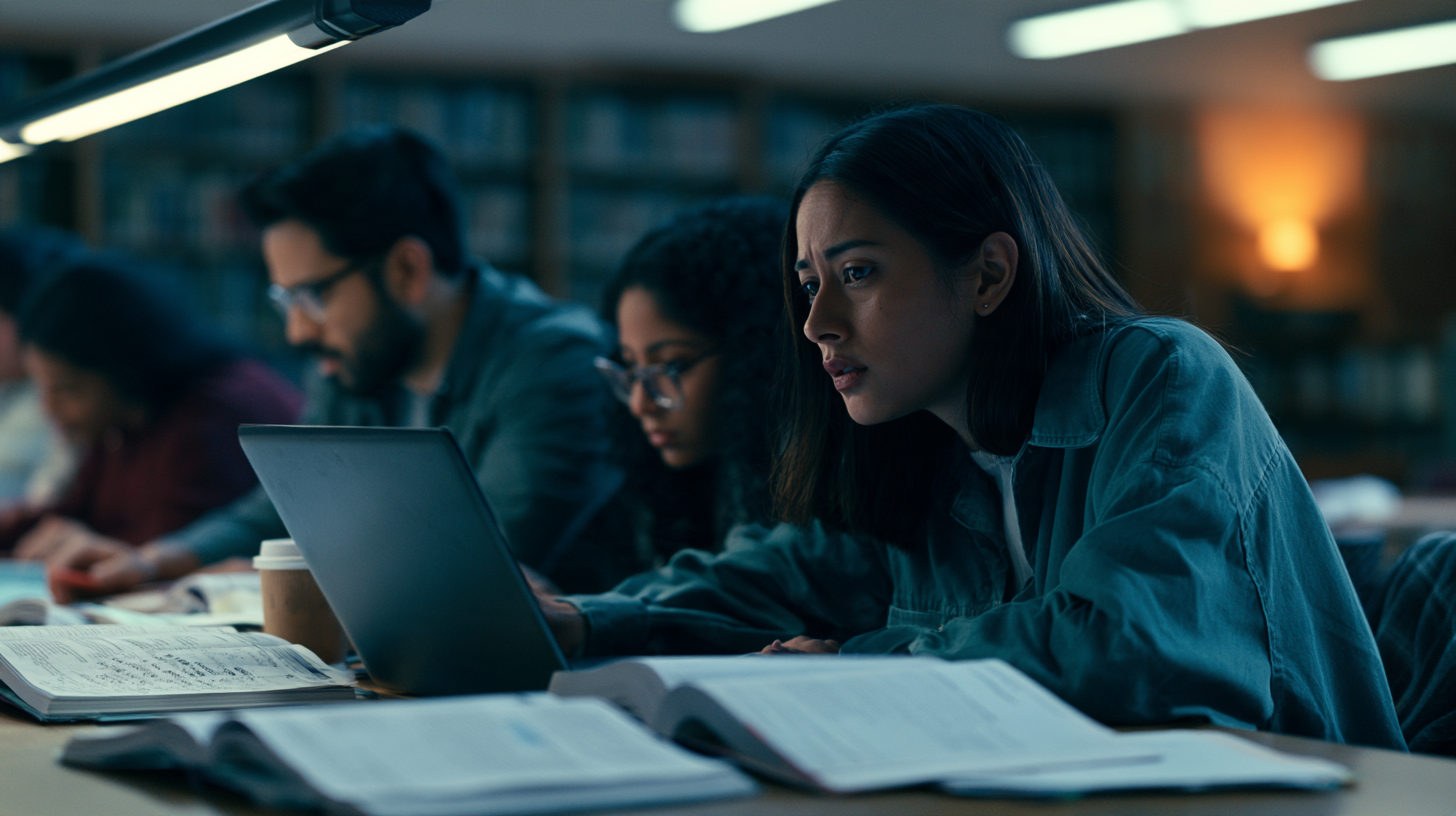 A young woman sits alone at a library table, staring at a laptop with a tense expression, surrounded by open books and notes. A young woman sits alone at a library table, staring at a laptop with a tense expression, surrounded by open books and notes.