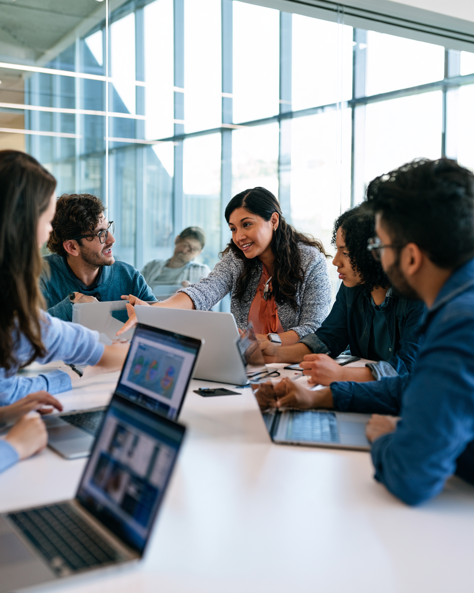 A diverse group of students gathers around a conference table in a bright modern classroom, collaborating on laptops with visible AI tool interfaces. A diverse group of students gathers around a conference table in a bright modern classroom, collaborating on laptops with visible AI tool interfaces.