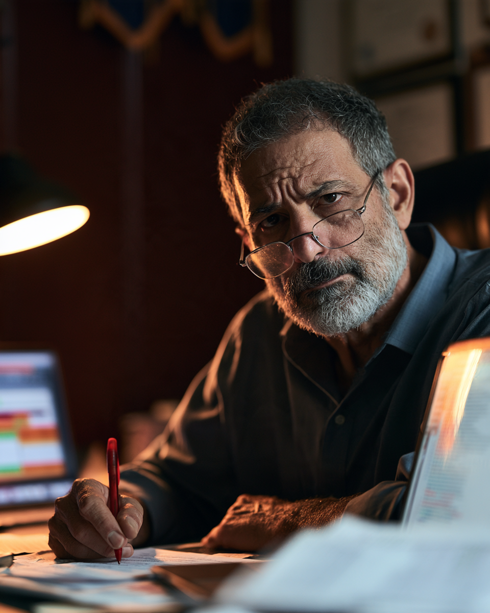 A professor sits at a cluttered desk, red pen in hand, reviewing a document while an AI detection report glows on a laptop screen behind him. A professor sits at a cluttered desk, red pen in hand, reviewing a document while an AI detection report glows on a laptop screen behind him.