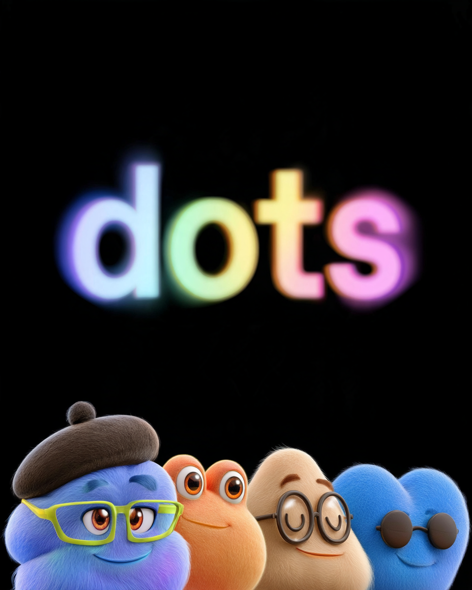 A black-background graphic with the colorful word “dots” above four cute, fuzzy cartoon characters wearing glasses and hats.