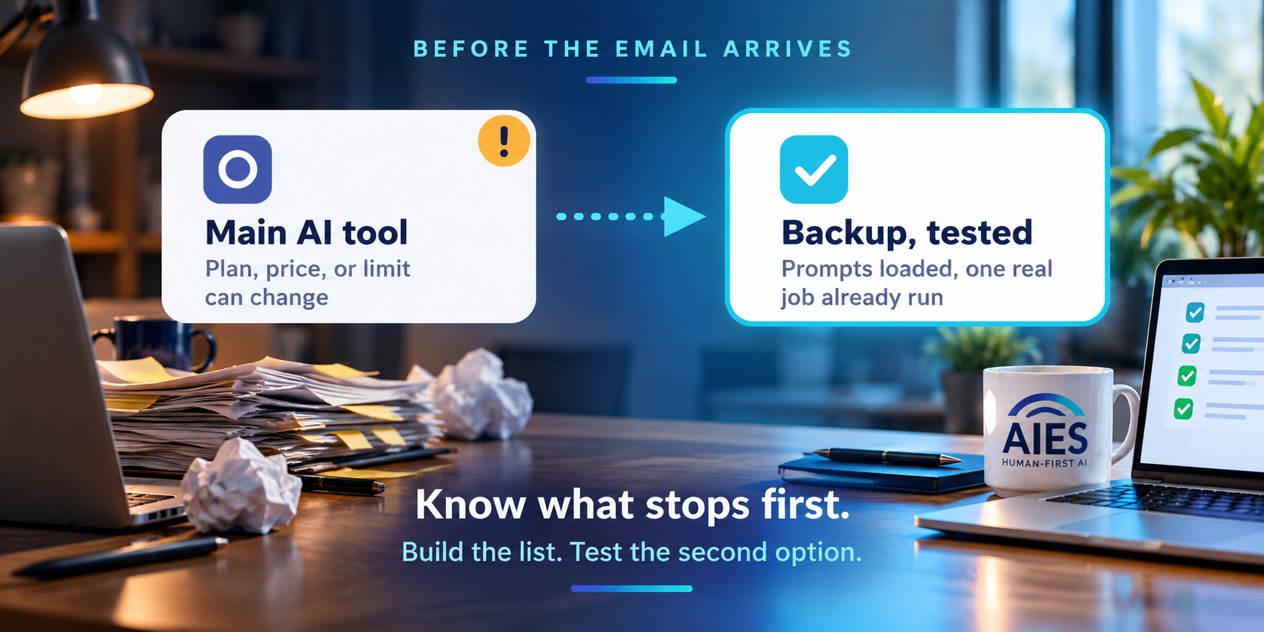 AI business continuity infographic comparing a primary AI tool with a tested backup solution to prevent workflow disruptions from pricing or plan changes.