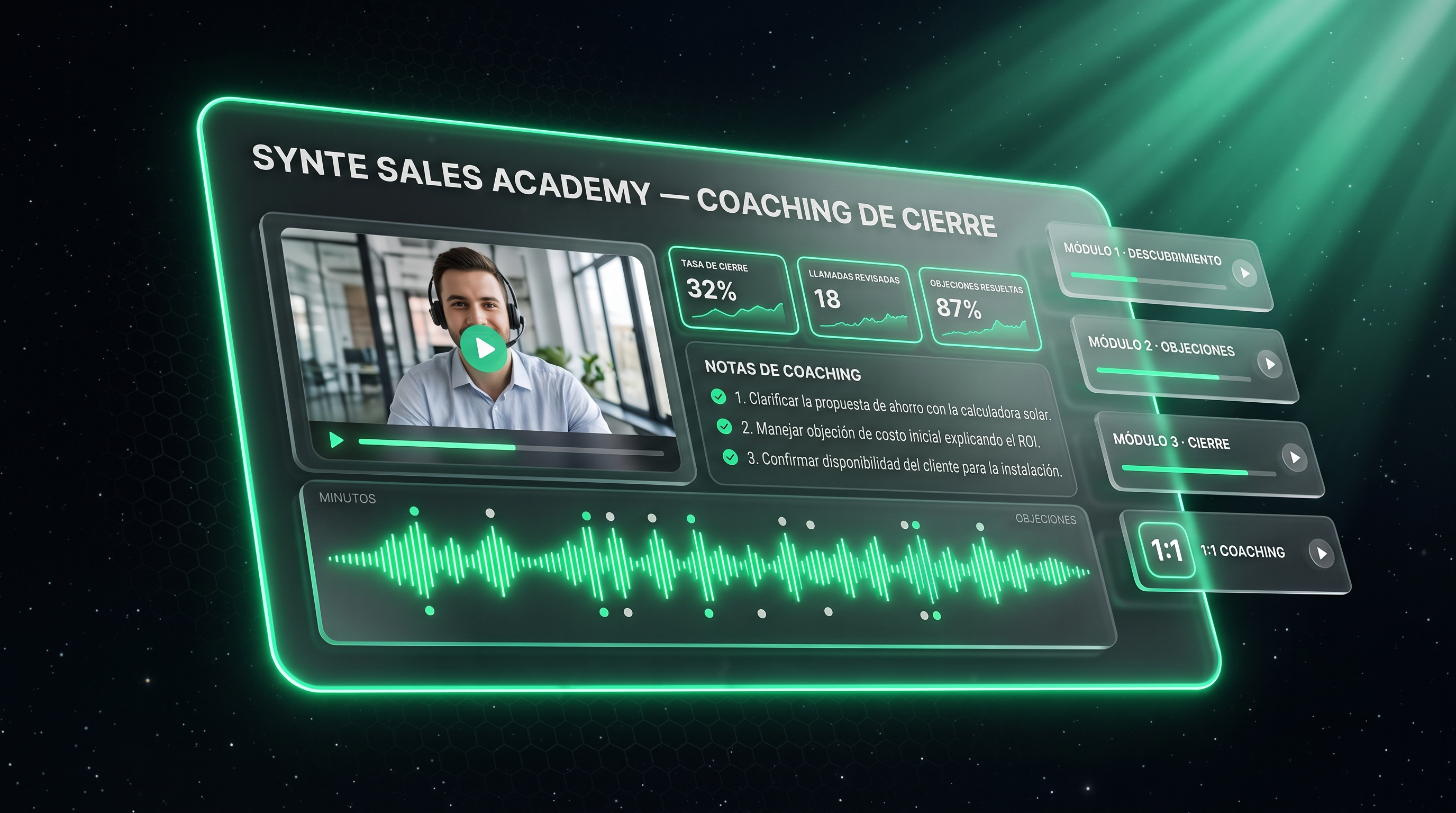 Synte Close: consola de coaching de cierre con revisión de grabaciones de llamadas de ventas solares