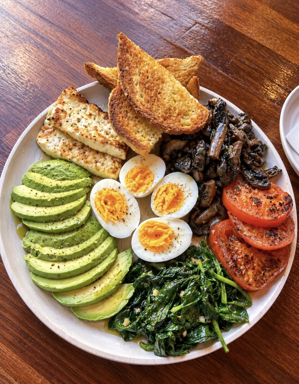 Lebanese breakfast board with halloumi, eggs, avocado and mushrooms