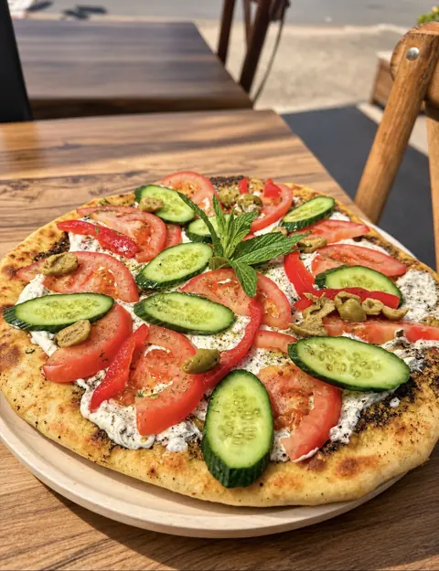 Labneh, zaatar and veggies manoush topped with tomato, cucumber and olives