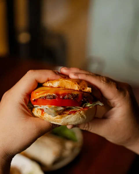 Cheeseburger held in two hands