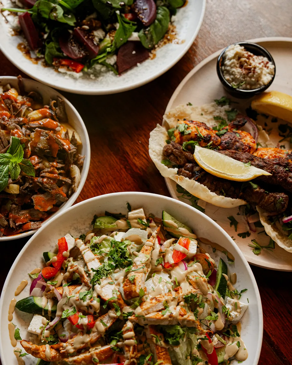 Table of Lebanese salads, grills and dips at Beit Baytak