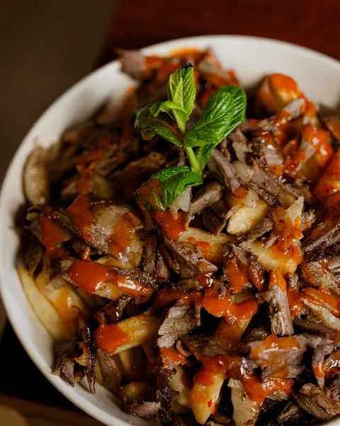 Shawarma snack pack over hot chips with sauce and fresh mint