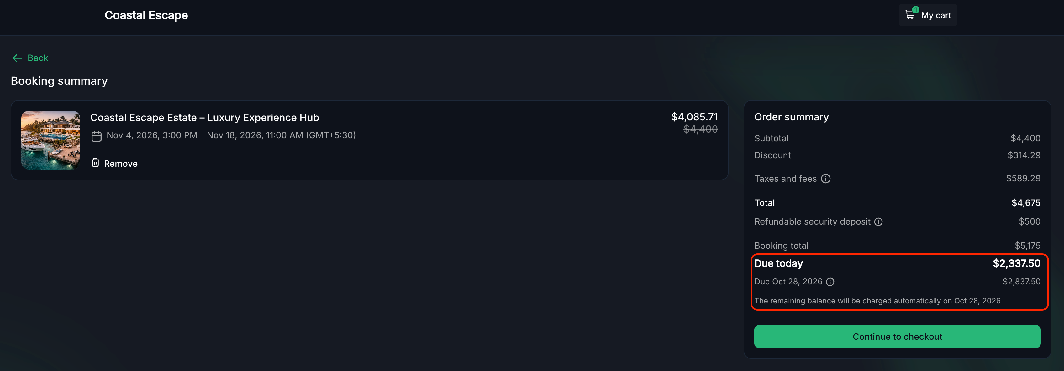 partial payments booking page