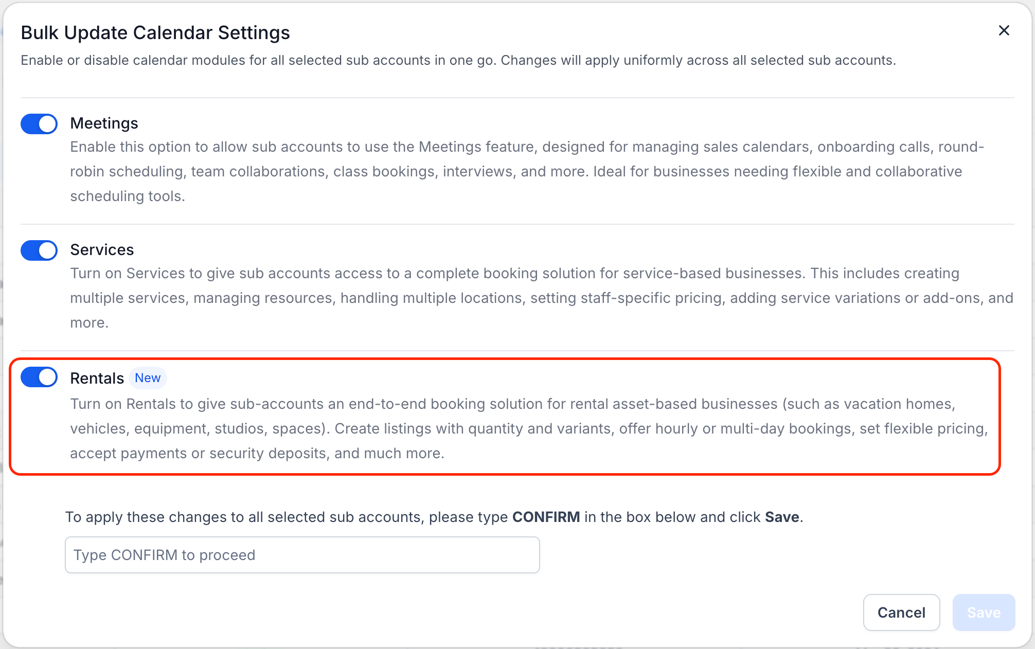Enable rentals toggle