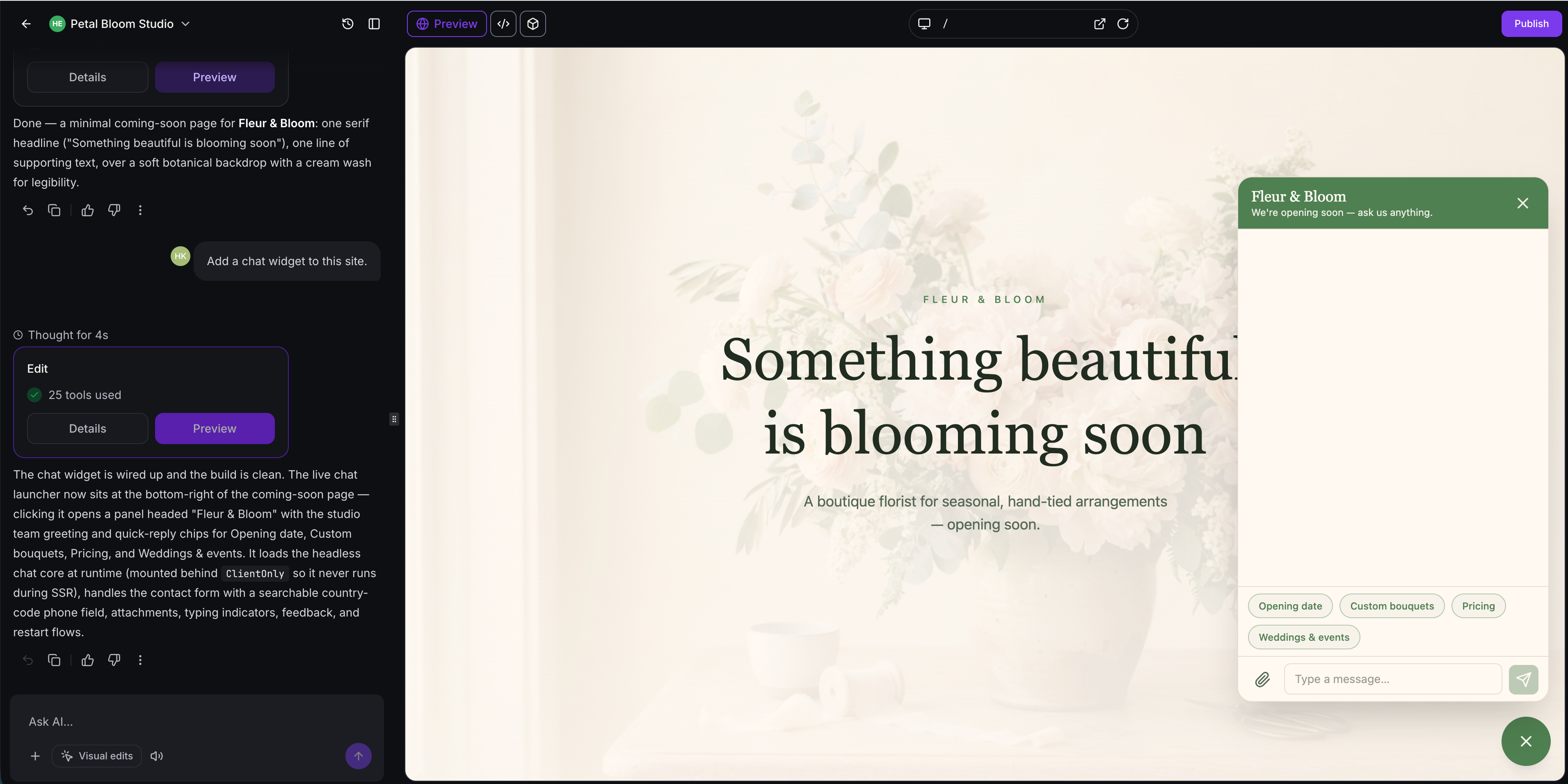 Chat widget styled to match the site
