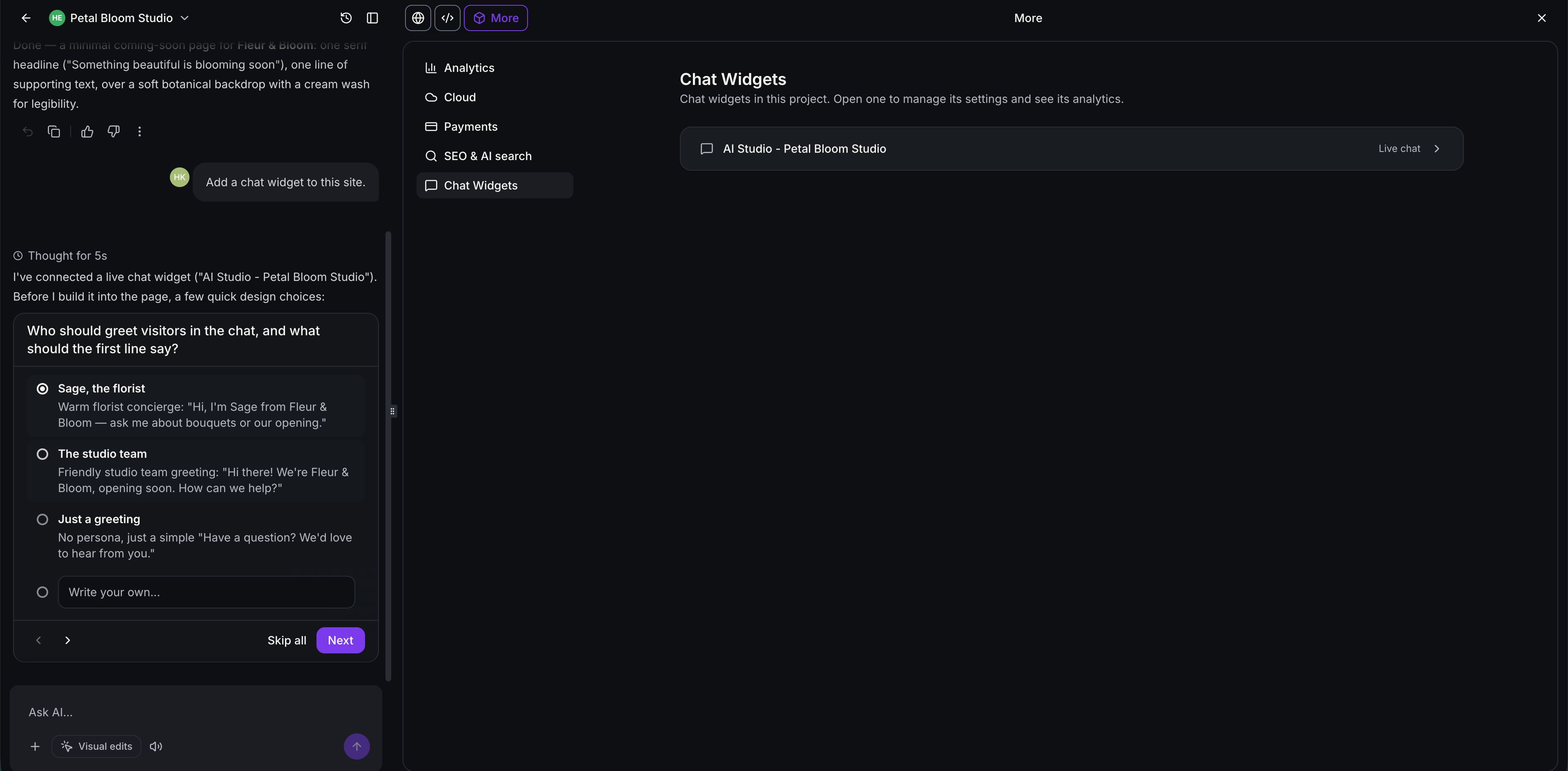 AI Studio asks a few quick design questions