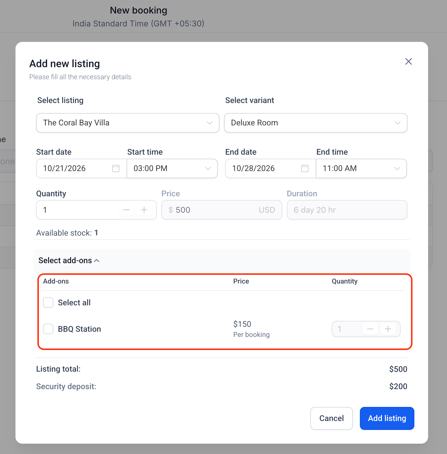 add new listing - add ons