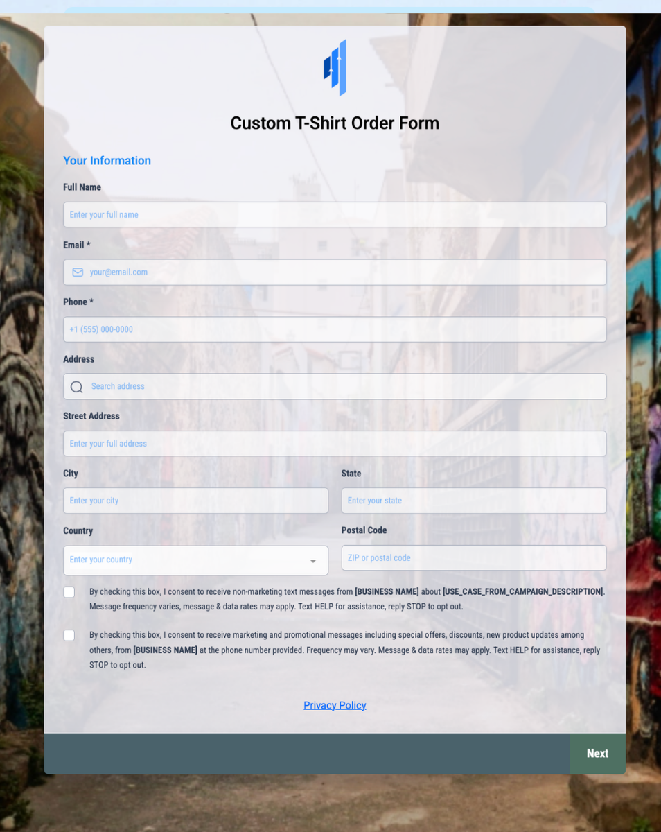 Custom T-Shirt Order Form - Form