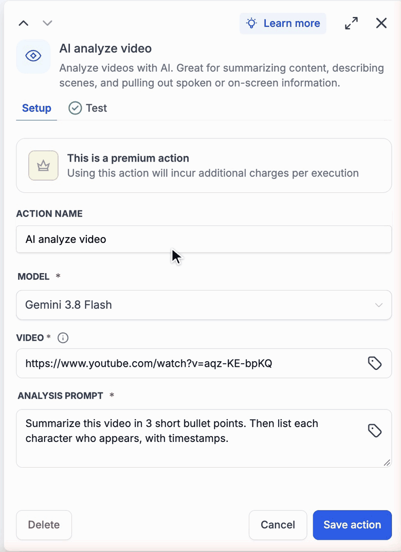 Test the action and read the summary