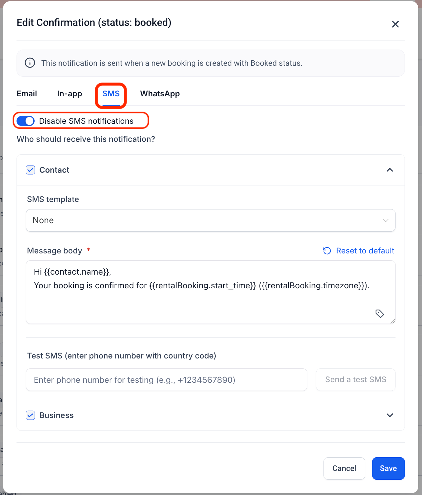 SMS Notification Edit