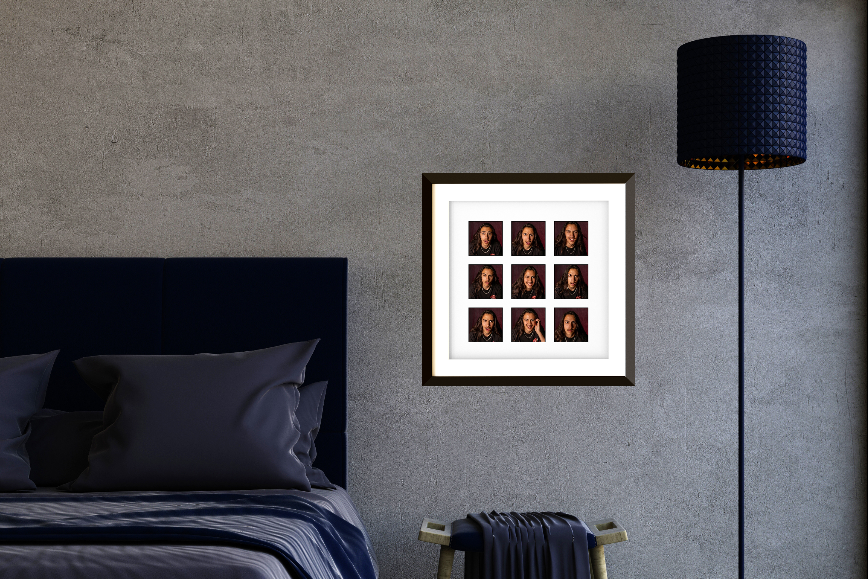 Framed senior portrait collage displayed as custom wall art in a modern bedroom, showcasing indoor senior photography and personalized artwork by Gilbert senior photographer Andria May Photography.