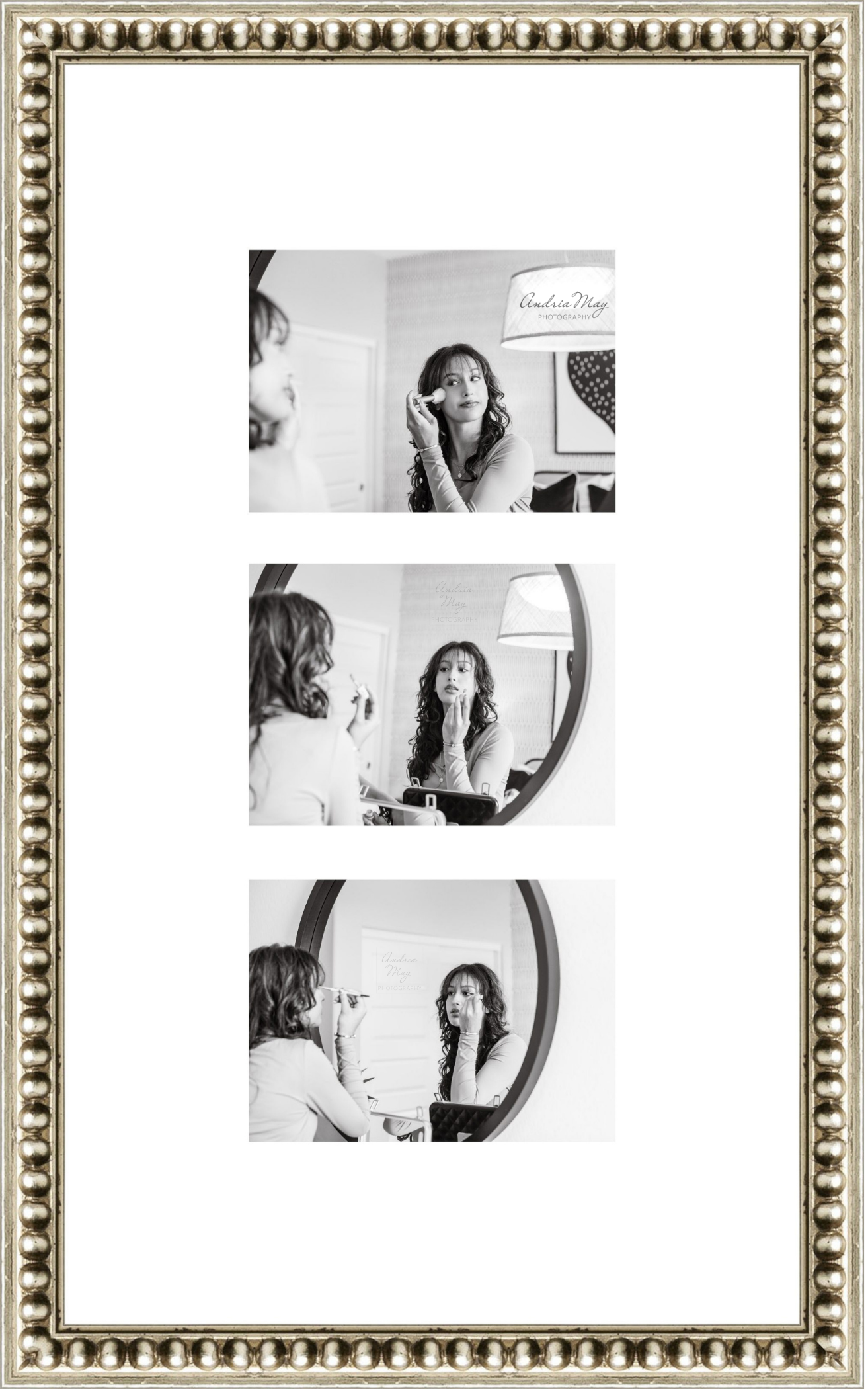 Black-and-white senior portrait storyboard featuring a high school senior applying makeup in front of a mirror before her portrait session, displayed as custom framed wall art by Gilbert senior photographer Andria May Photography.