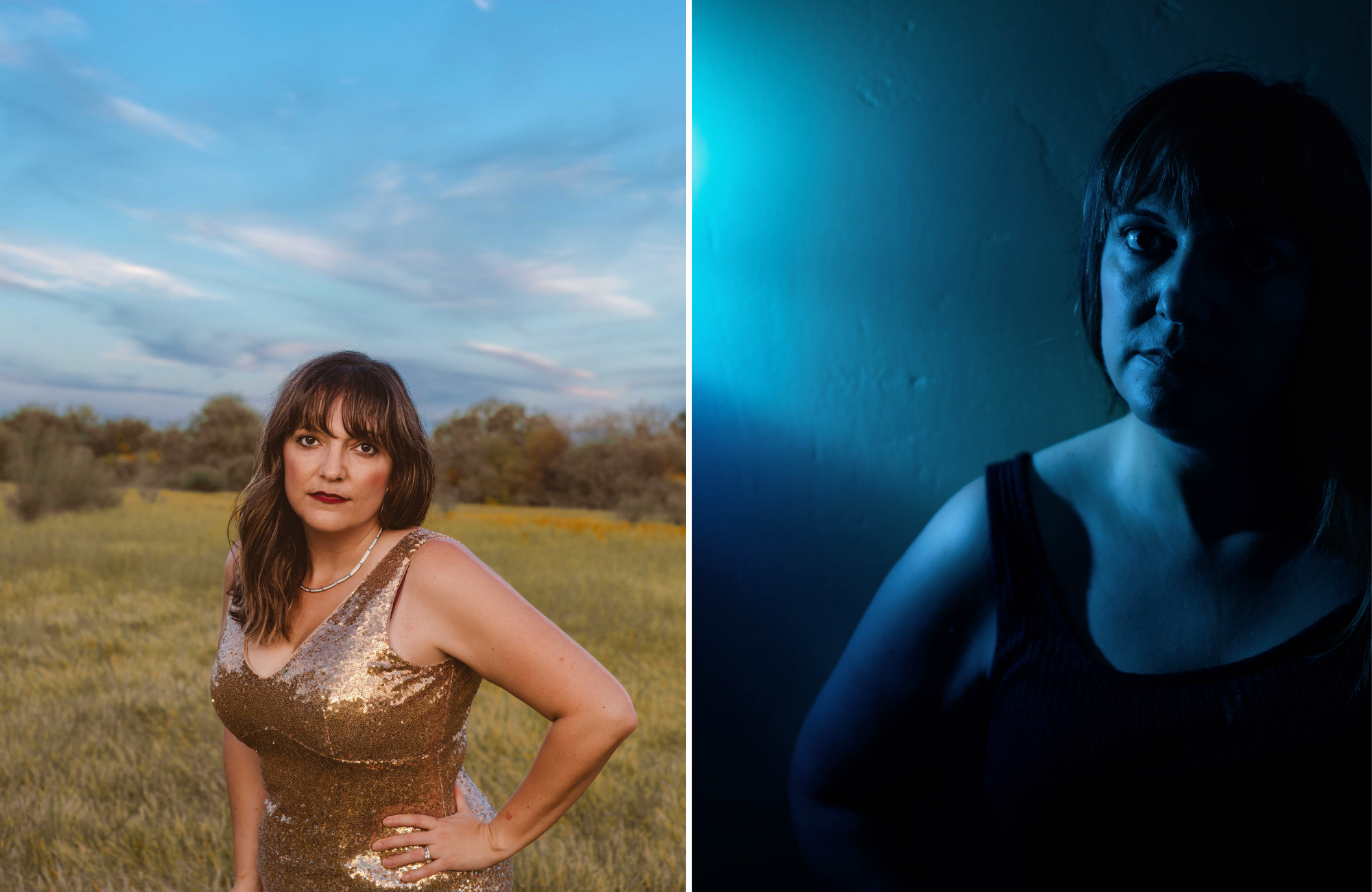Side by side self-portraits: a woman in a gold sequin dress in a golden hour field at the Gilbert Riparian Preserve, and the same woman lit by a narrow beam of blue light against a dark wall.
