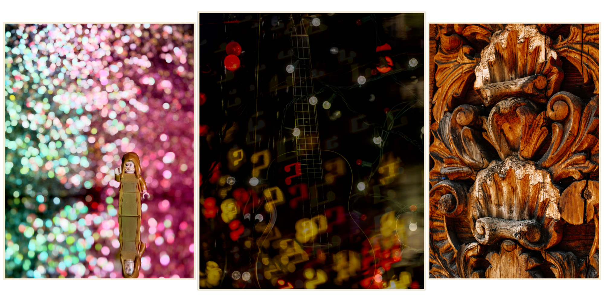 Three creative photos side by side: a gold Lego minifigure against glitter bokeh, a ukulele surrounded by music note shaped bokeh, and a close-up of a weathered wood carving in Vail, Colorado.
