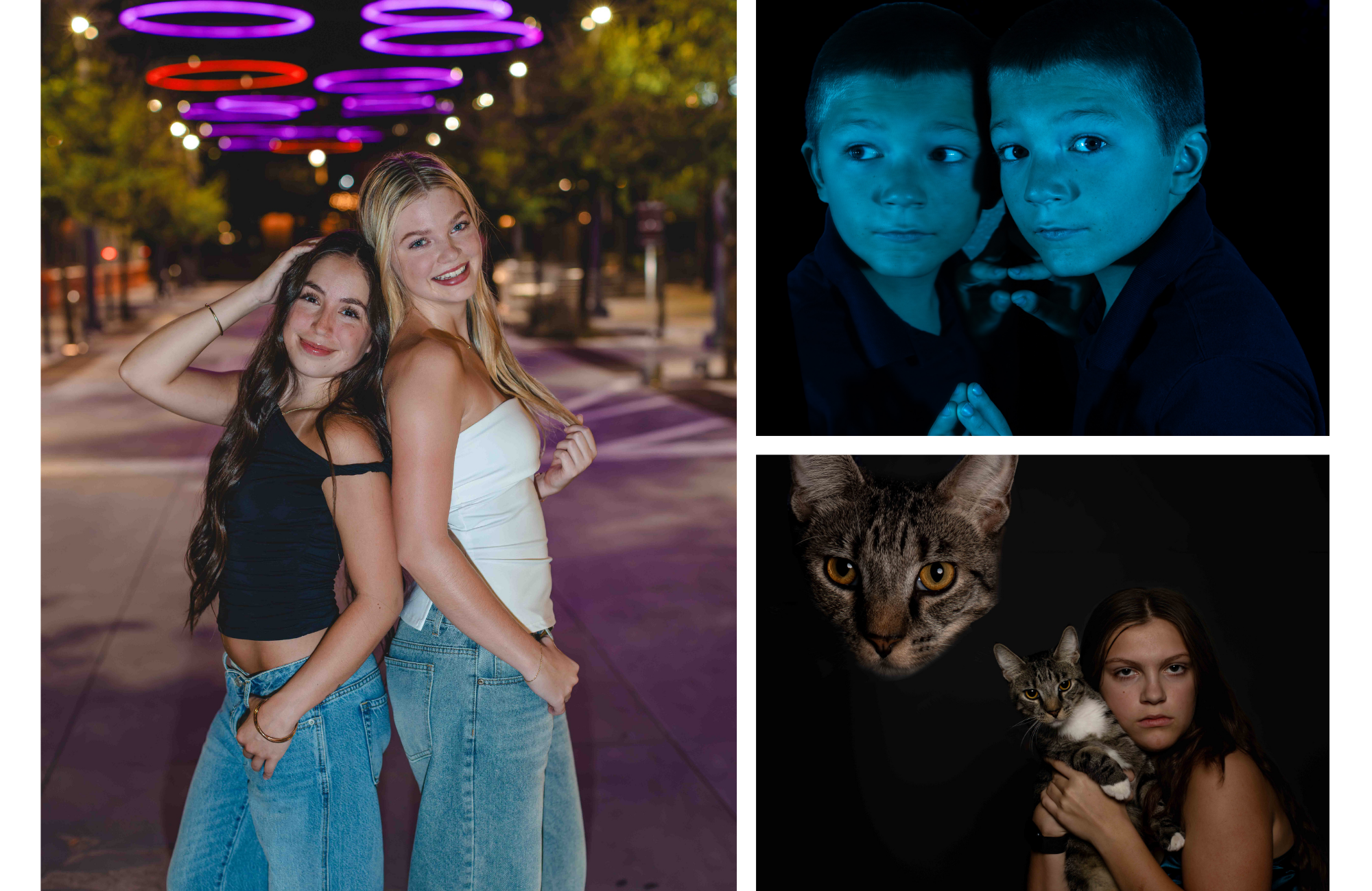 Three portraits: two teen girls posing back to back under purple ring lights in Downtown Gilbert, Arizona, a boy looking at his reflection in a mirror under blue light, and a humorous 90s-style portrait of a teen girl holding a tabby cat with a giant floating cat head behind her.