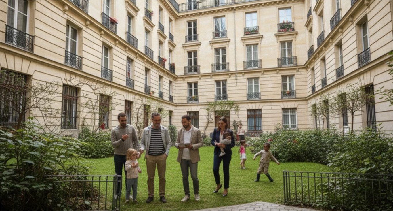 photo de personnes dans une cour d'immeuble à Paris, illustrant les besoins fréquents d'un avocat droit de copropriété
