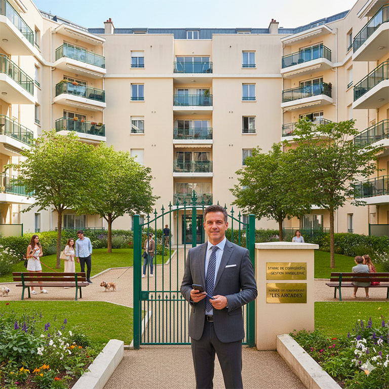 photo d'un représentant d'un syndic de copropriété, devant une cour d'immeuble