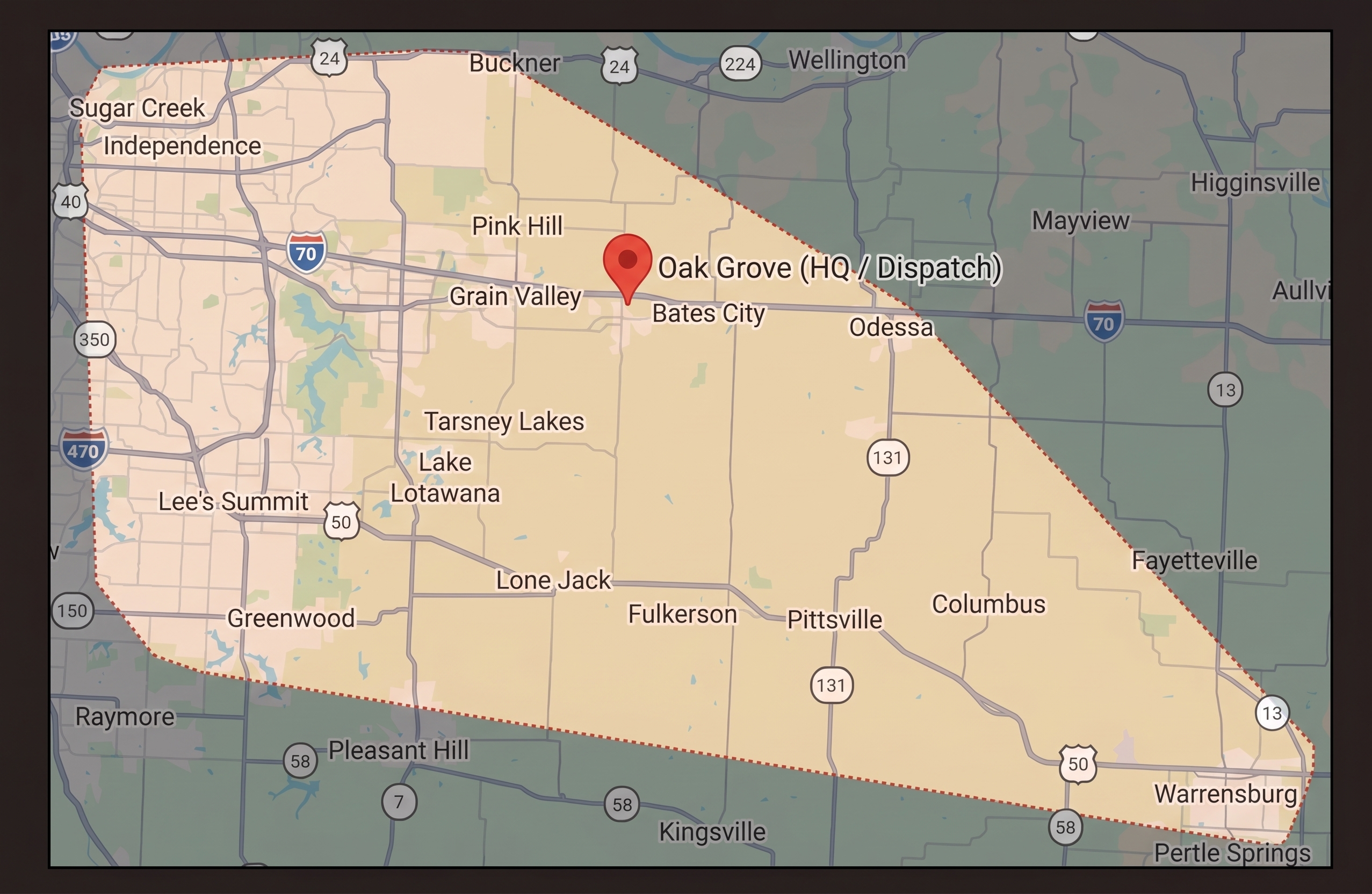 Deepset Helical Piers Territory Map covering Jackson & Lafayette Counties