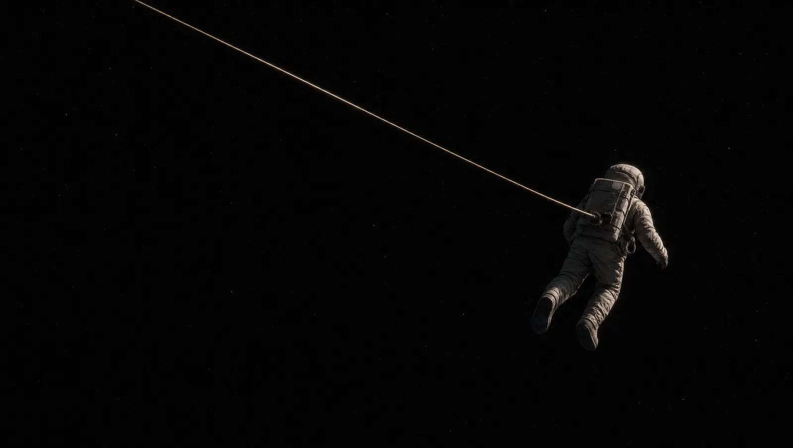 An operator in a pressure suit drifting in open space, held by a single taut gold tether line running off frame