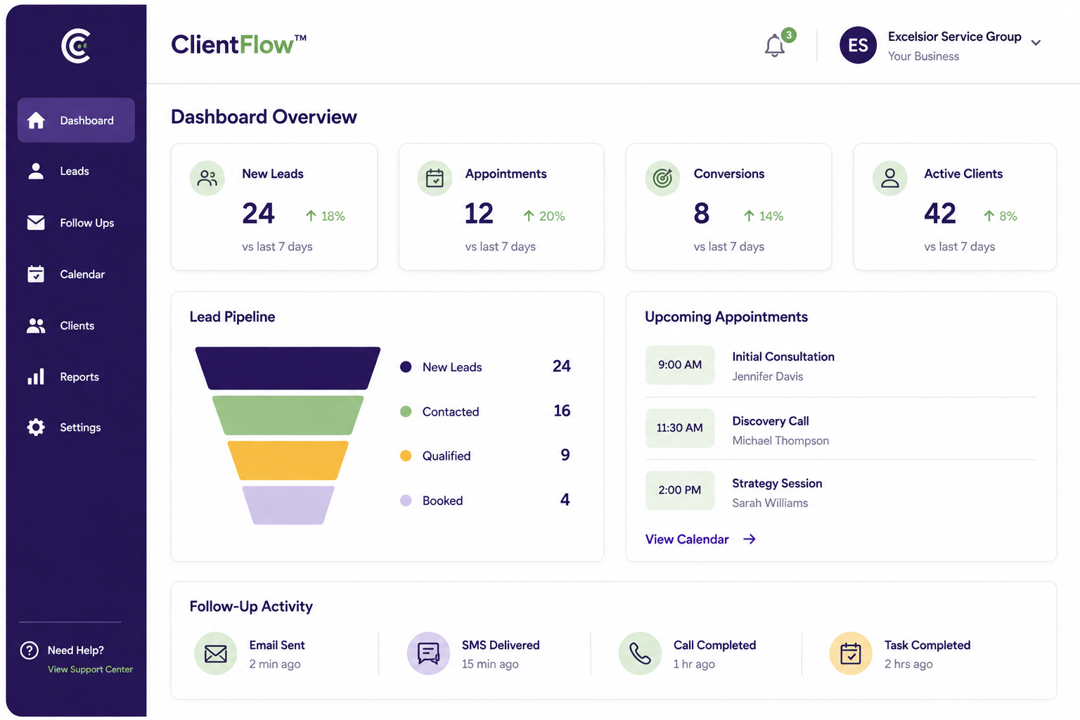 Business lead management and client growth system