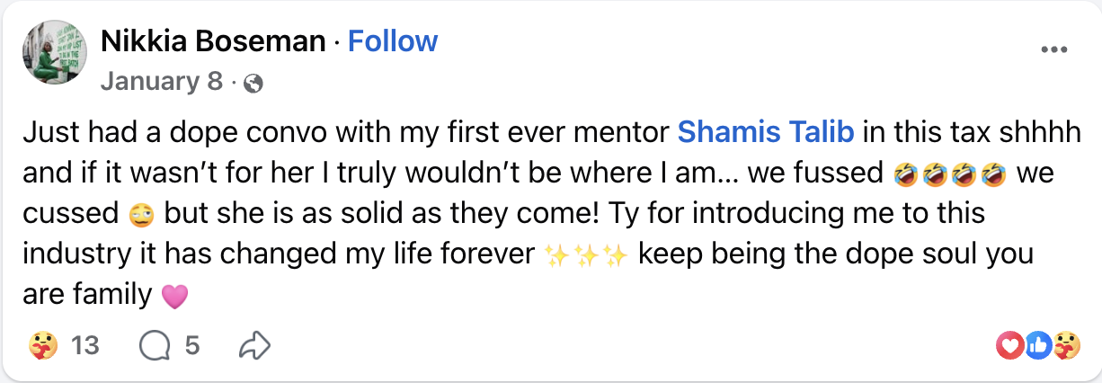 Nikkia Boseman testimonial about Shamis Talib