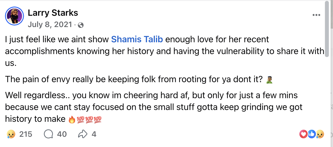 Larry Starks testimonial about Shamis Talib