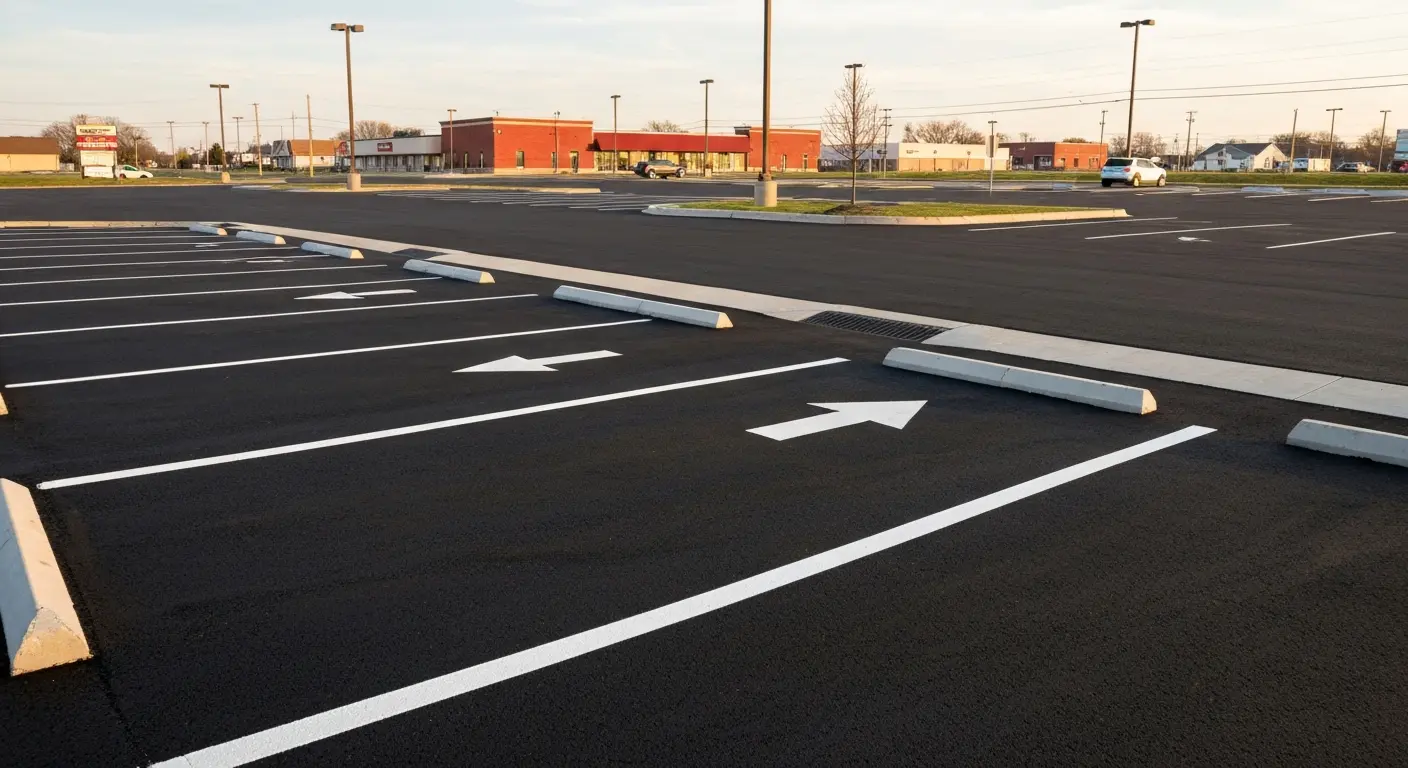 Commercial parking lot asphalt near retail corridor