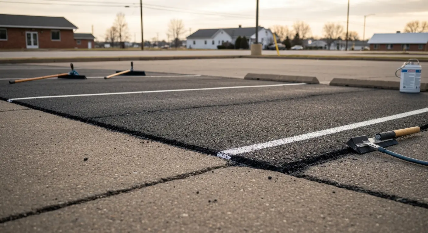 Pothole repair and crack filling in Van Wert parking area