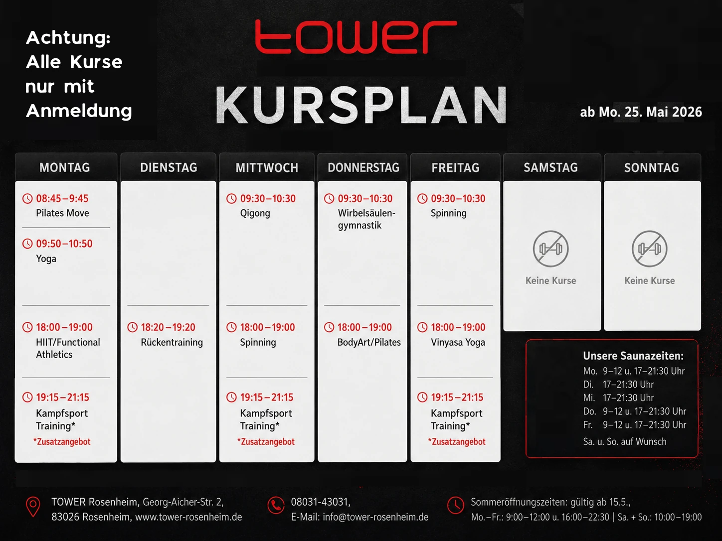 Stundenplan der TOWER Kurse
