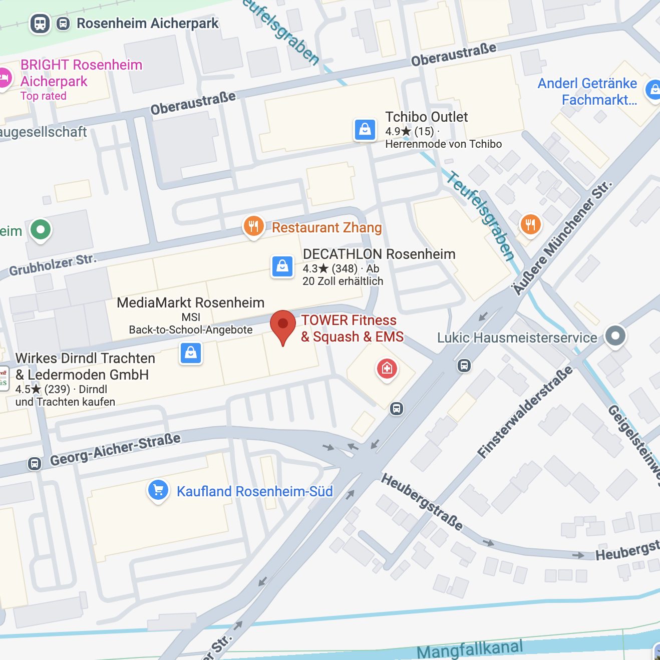 Kartenausschnitt: TOWER Fitness & Squash im Aicherpark, Rosenheim