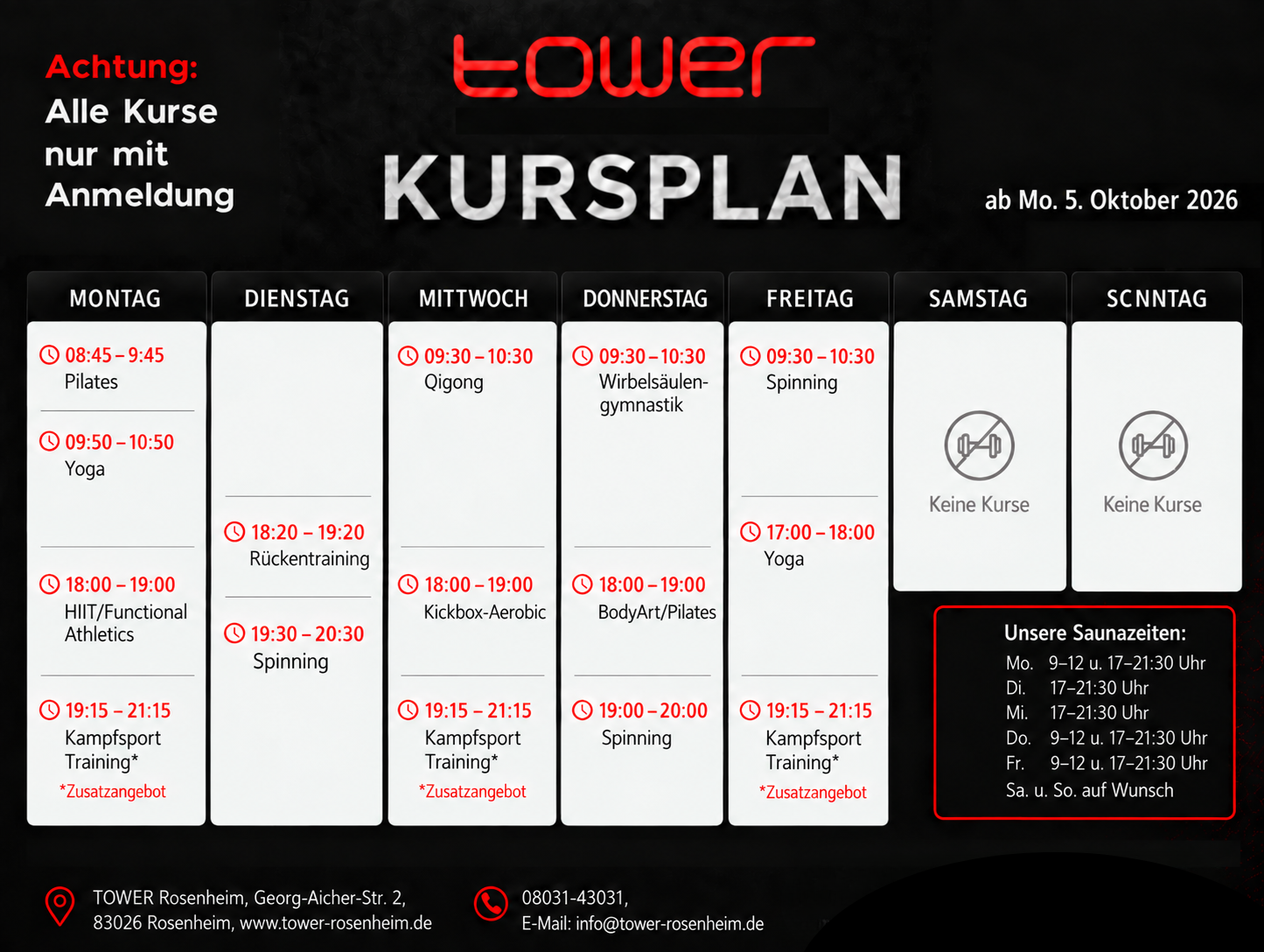 Stundenplan der TOWER Kurse