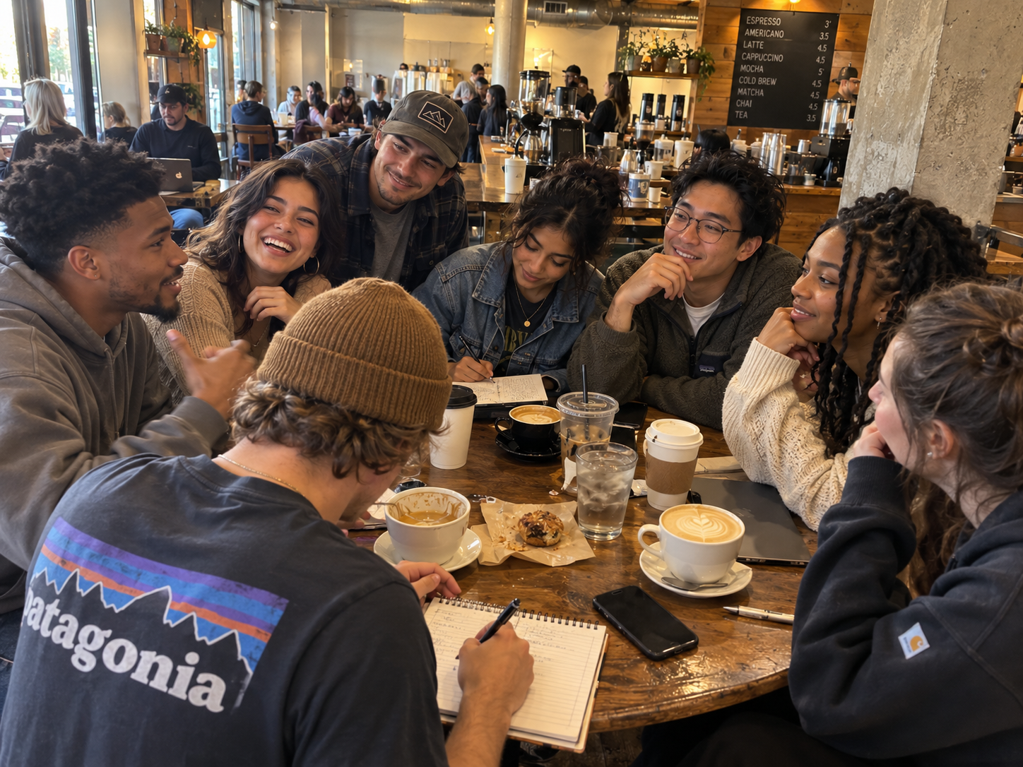 Eight young adults mid-conversation at a Vision Table in a real coffee shop