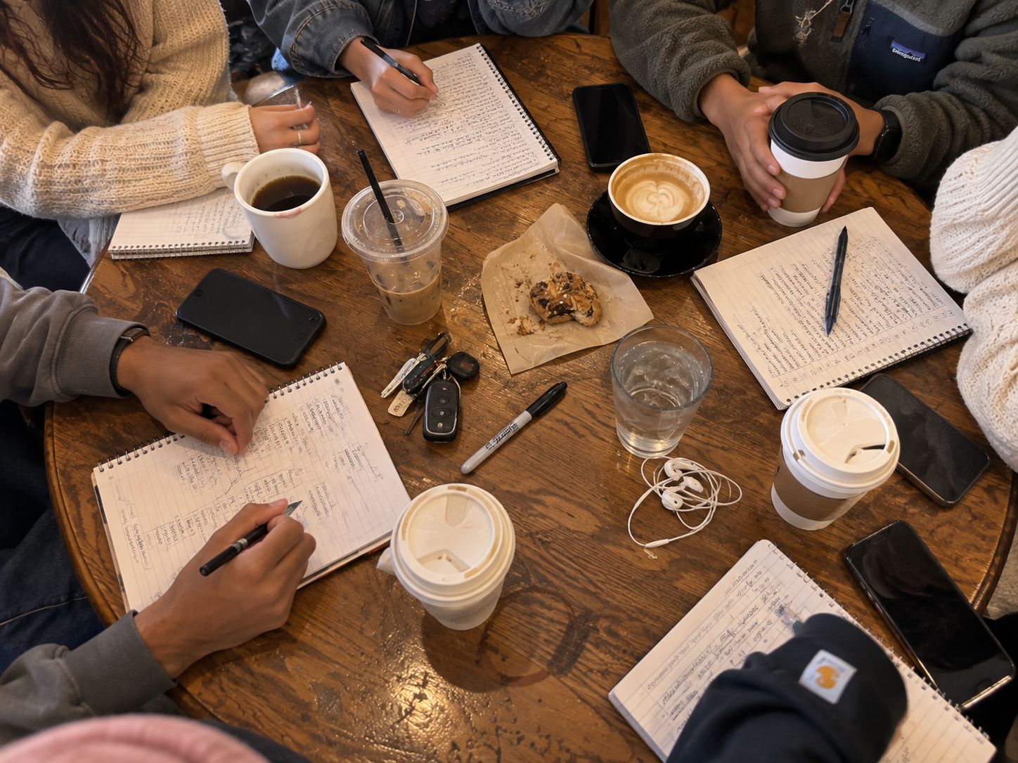 Overhead view of a real Vision Table with eight people's hands around it, coffee cups, journals, and notes