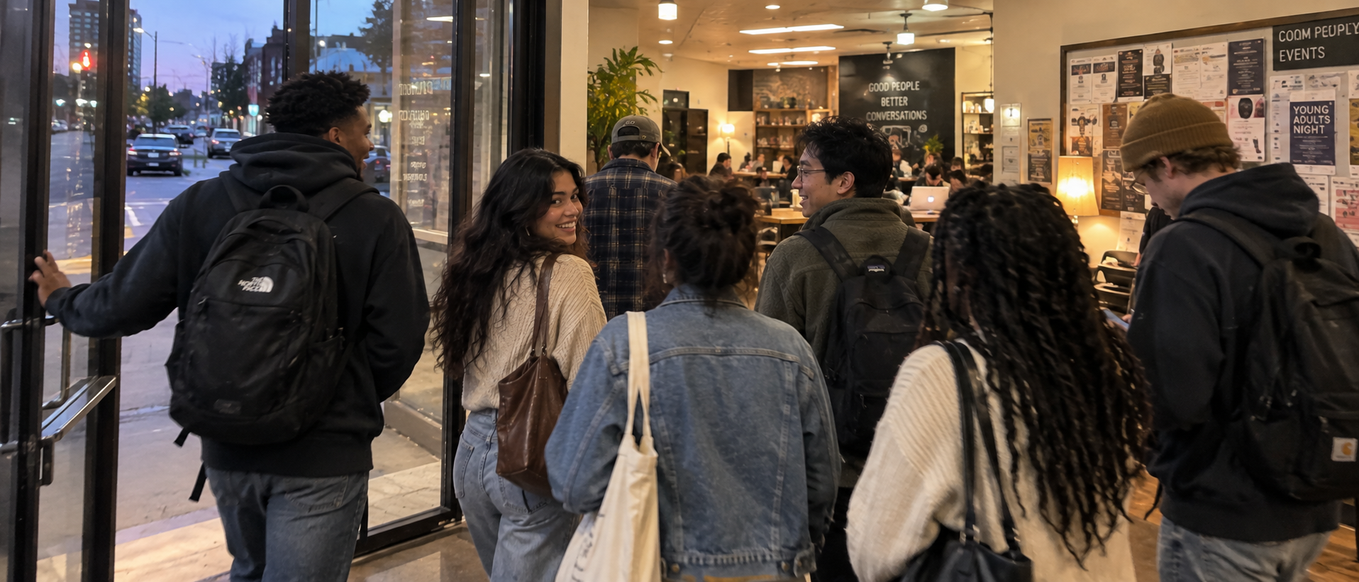 Group of young adults walking into a cafe together on a Tuesday evening