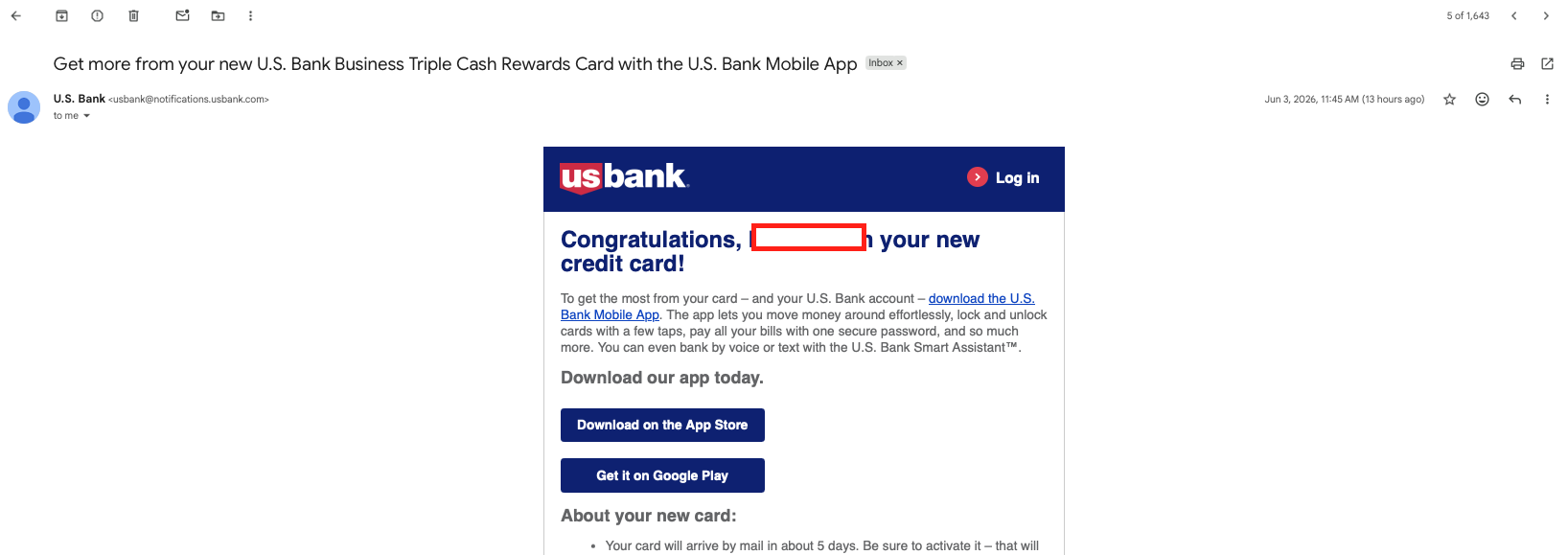 First business credit card approved