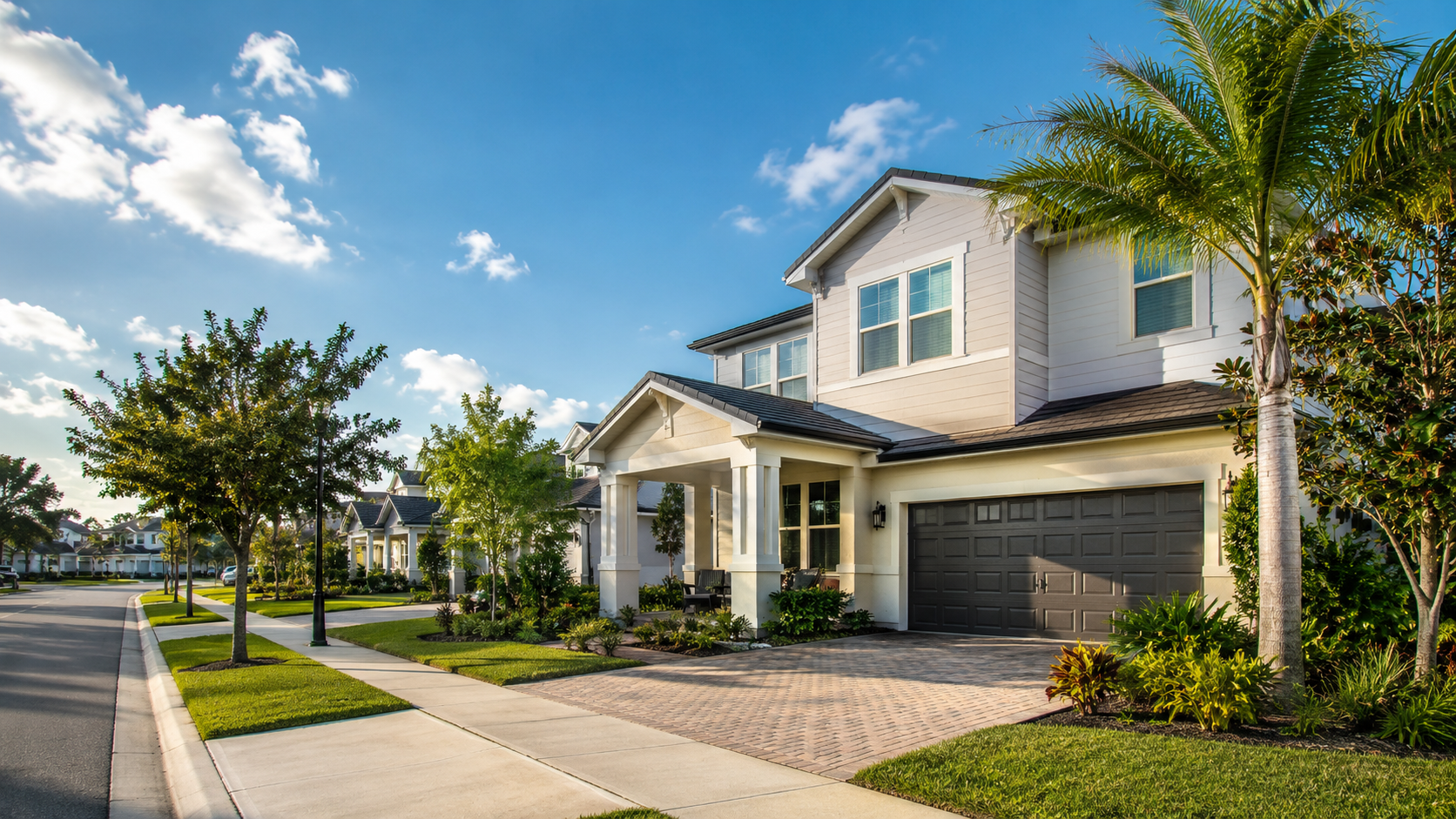 Modern two-story home with a covered porch, paver driveway, palm trees, sidewalks, and manicured landscaping in a Lake Nona master-planned community in Orlando, Florida.