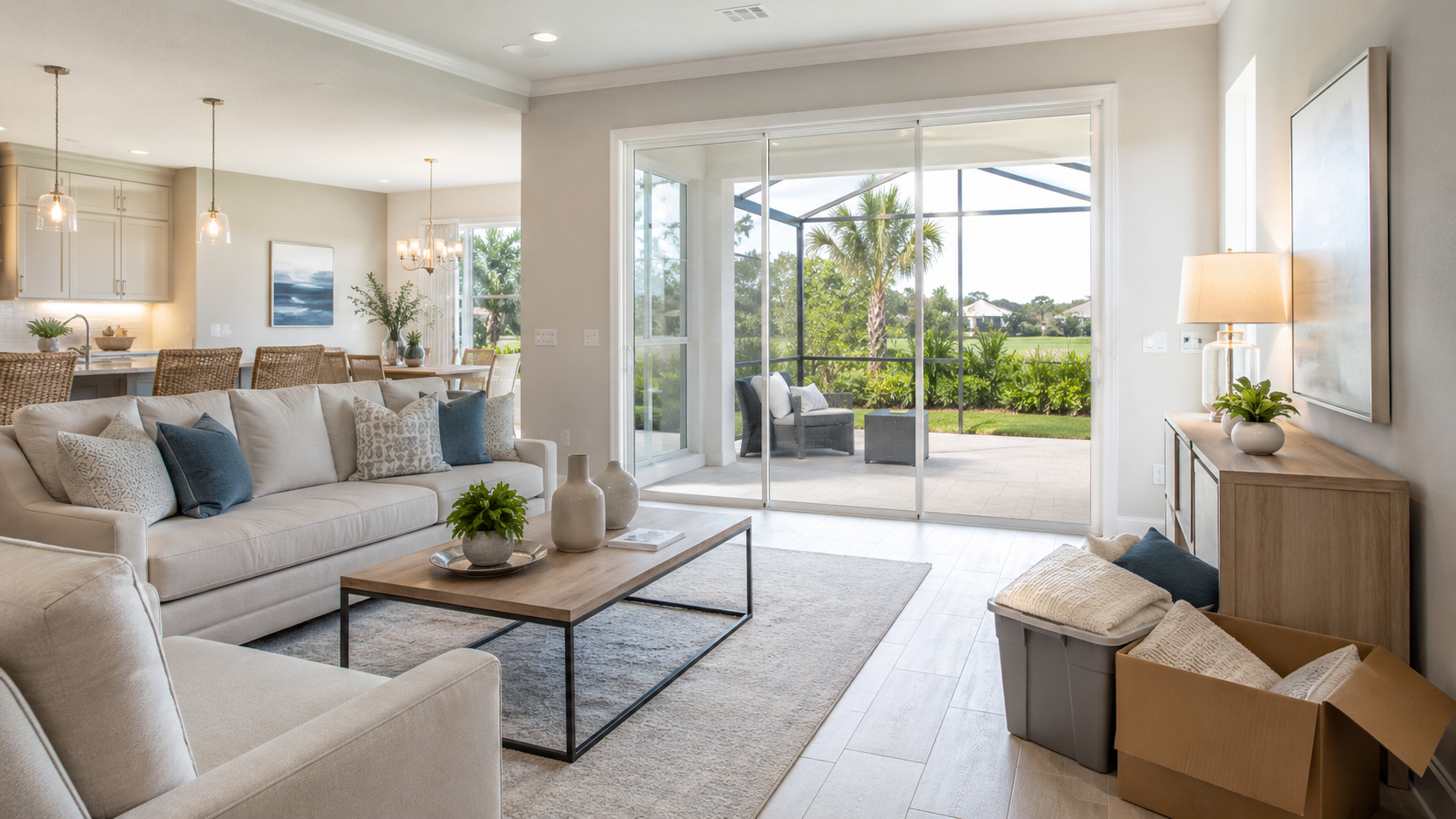 Bright, decluttered living room in a Lake Nona home with neutral furnishings, open living space, screened patio, and packed storage boxes ready for moving.