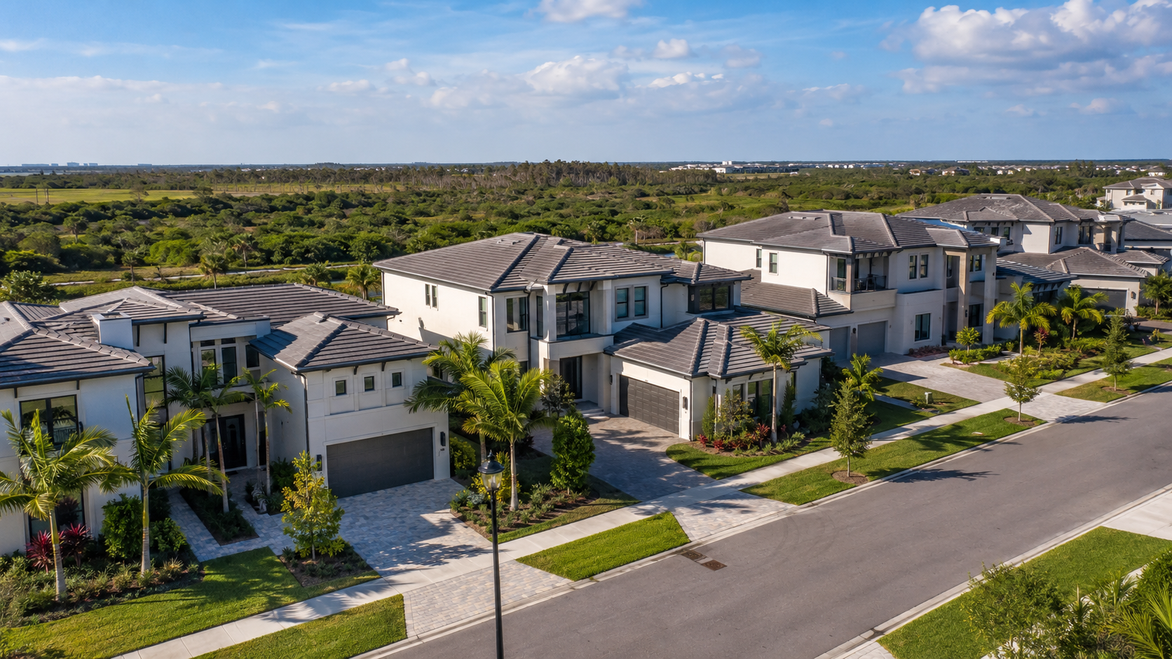Aerial view of luxury homes in Laurel Pointe at Lake Nona, featuring modern architecture, tile roofs, paver driveways, palm trees, and manicured landscaping.