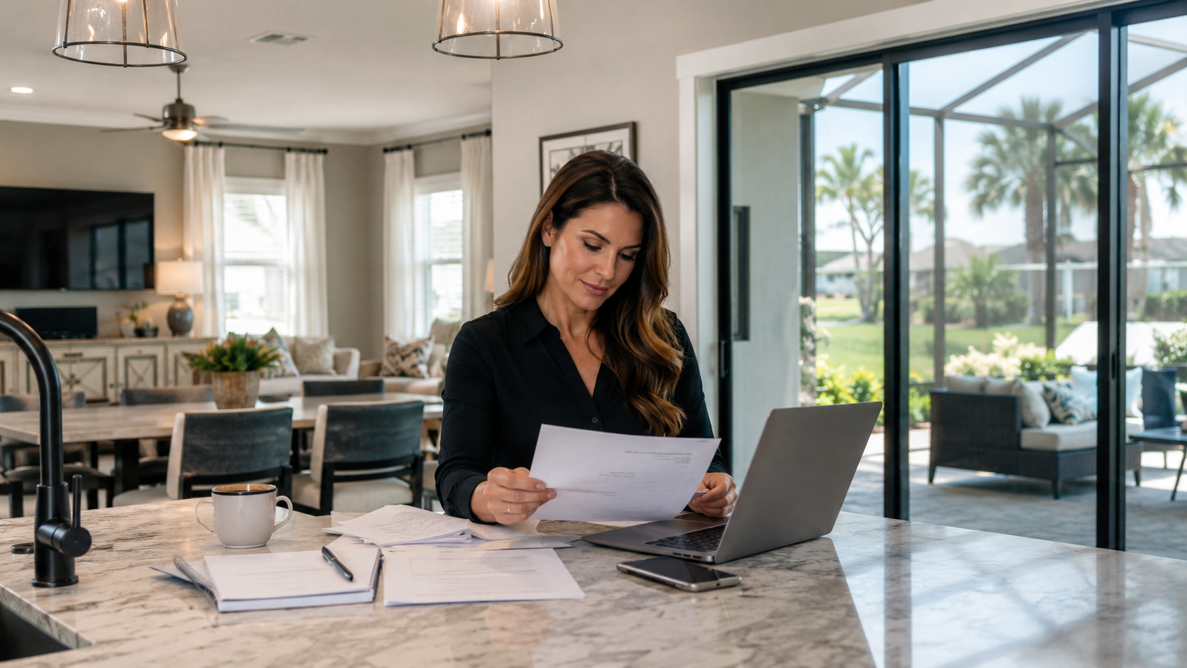 Calm Lake Nona homeowner reviewing home-selling documents on a laptop at a bright kitchen island, with a screened patio and palm trees visible in the background.