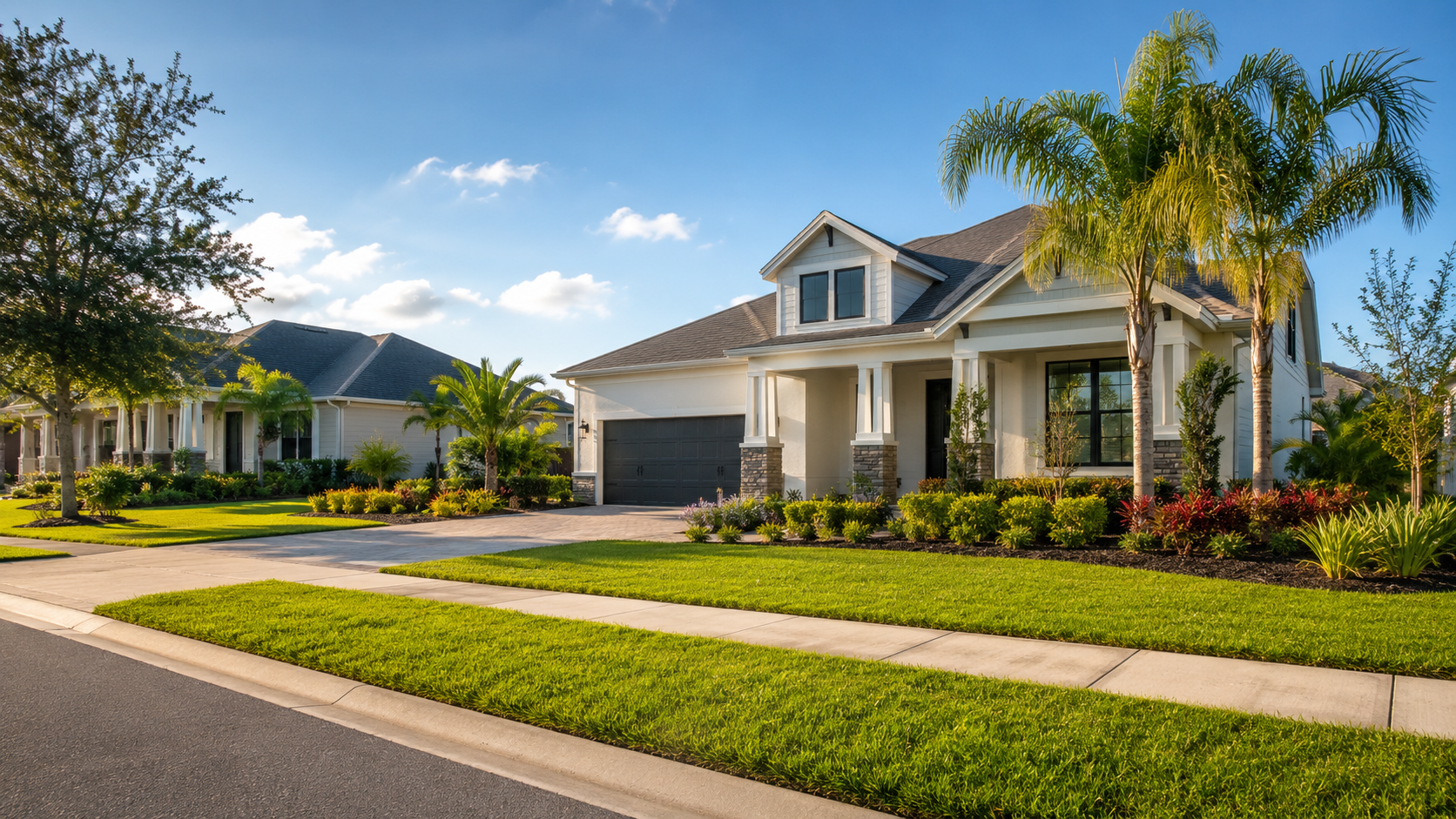 Manicured front yard of a Lake Nona home with fresh mulch, trimmed landscaping, palm trees, and inviting curb appeal in a well-kept Orlando neighborhood.